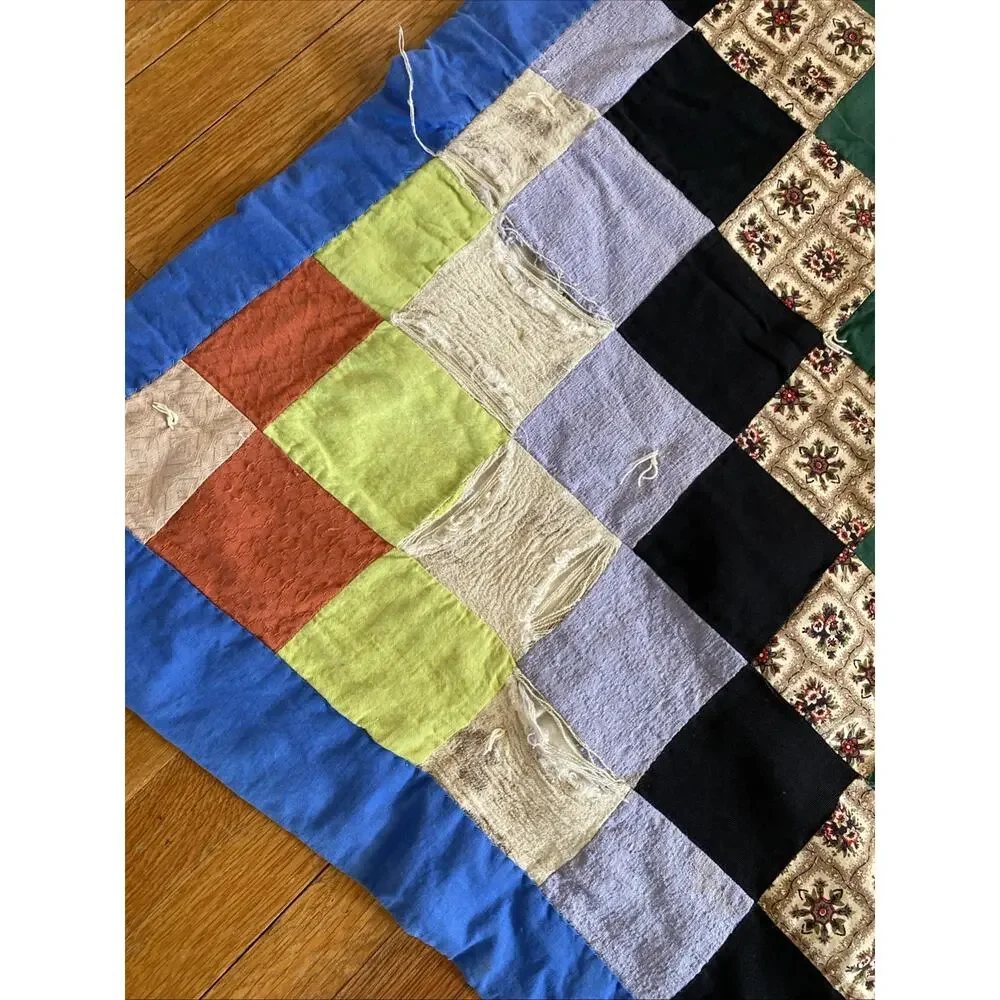 VINTAGE Handmade Patchwork Quilt Blanket Boho Hippie Cottage 70X 50 READ Flaw